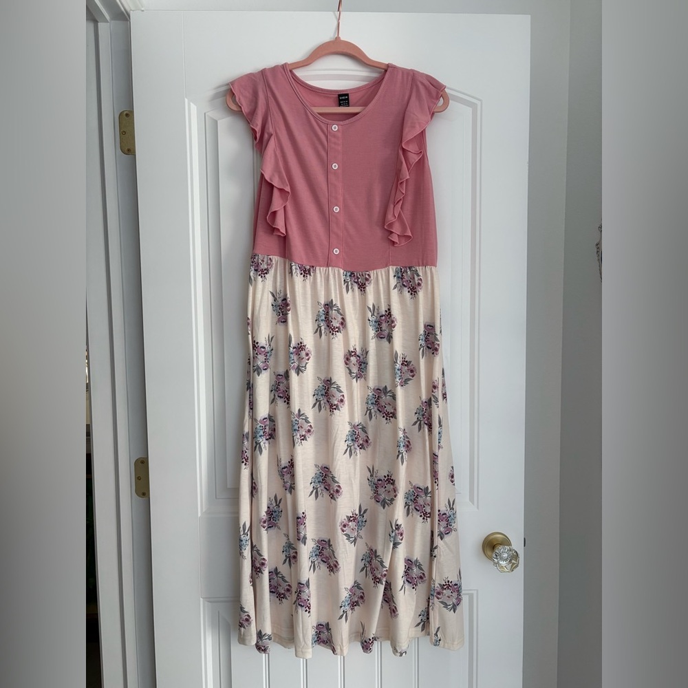 Pink and Cream Ruffle Floral Dress XL